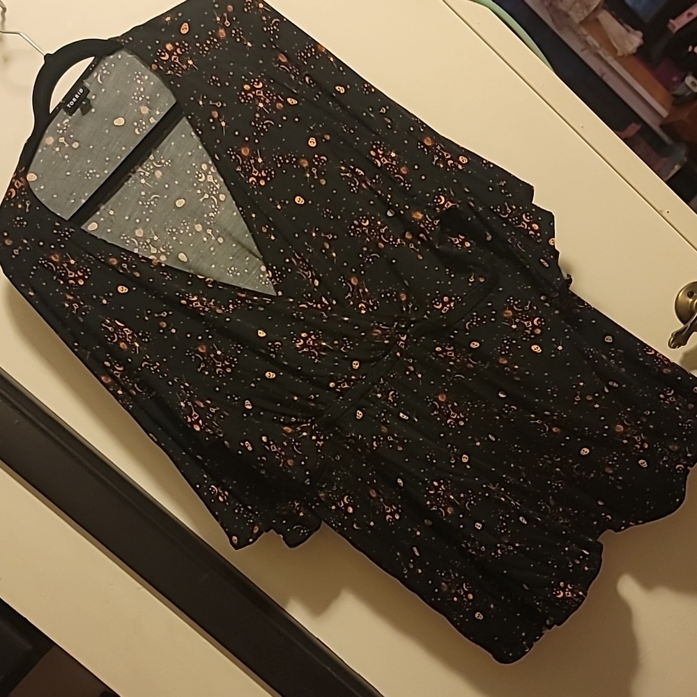 Torrid Halloween Print Babydoll Top, Faux-Wrap and Trumpet Sleeves